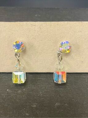 Aurora Crystal Drop Earrings - Iridescent Cube Dangle